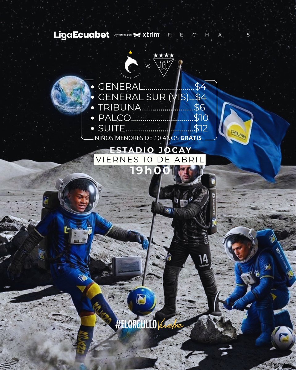 DelfinSC's tweet image. Te presentamos los precios para el partido de este viernes frente a @LDU_Oficial ⚔️

Todos juntos vamos a recuperarnos y conseguir la victoria en el Jocay. 🤜🏻🤛🏻

#DSC 🆚 #LDU 
📅 Viernes 10 de Abril
🕖 19h00
🏟️ Estadio Jocay

#ElOrgulloVuelve 
#MantaEsCetáceo 
#LigaEcuabet