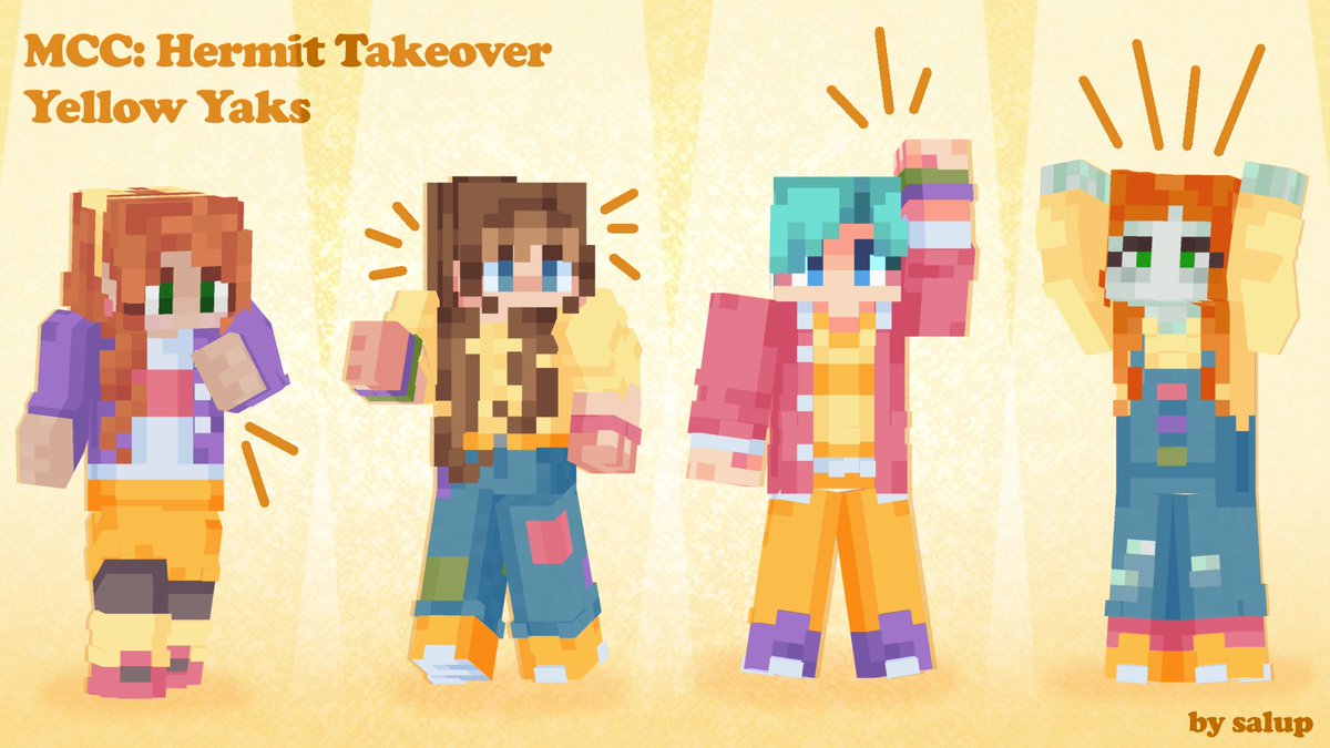 salup__'s tweet image. [MCC: Hermit Takeover] Yellow Yaks skins! 💛⭐️ It's a murder on the MCC floor! 🎶

[DL in replies, please untag! #geminitayfanart #pearlescentmoonfanart #smajorfanart #zombiecleofanart]