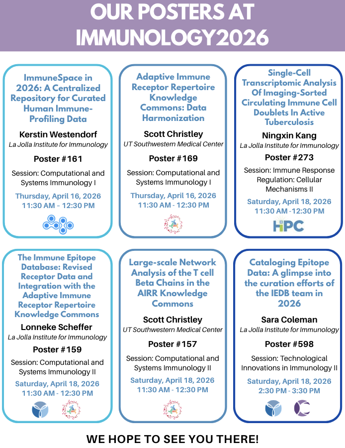 iedb_'s tweet photo. We are headed to @ImmunologyAAI soon!! Stop by our posters to chat about our latest work 👩‍💼 See you there @hipcProject @AIRR_Knowledge @CEDAR_epitopes ⭐️✨💫 #AAI2026 #immunology https://t.co/P7paHlxirI