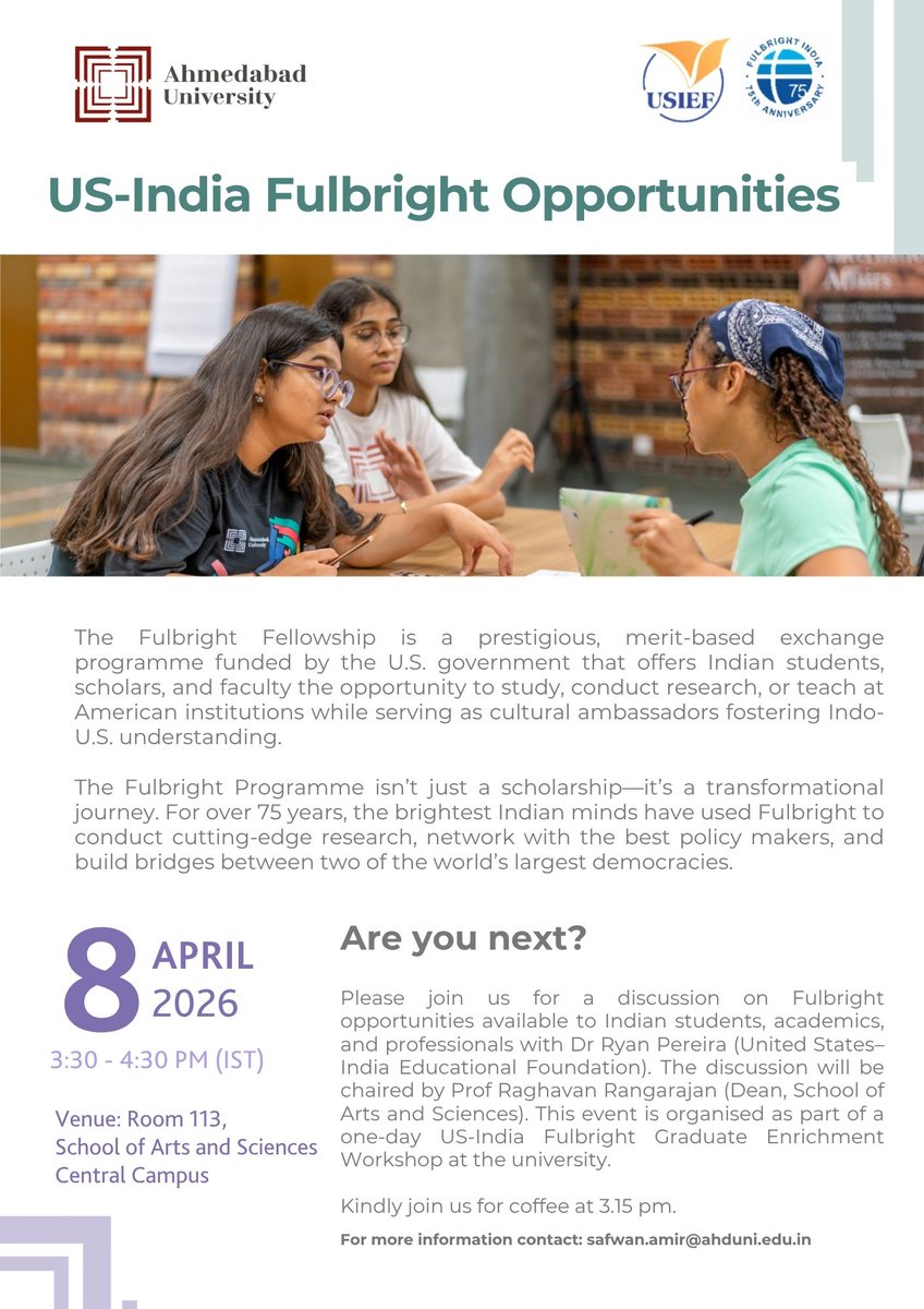 ahmedabad's tweet photo. We are delighted to organise a one-day Fulbright Graduate Enrichment Workshop on 8th April 2026. Students visiting India from the US will be presenting their research alongside our Interdisciplinary Humanities and Social Sciences PhD candidates. https://t.co/Fkr6FLXFbs