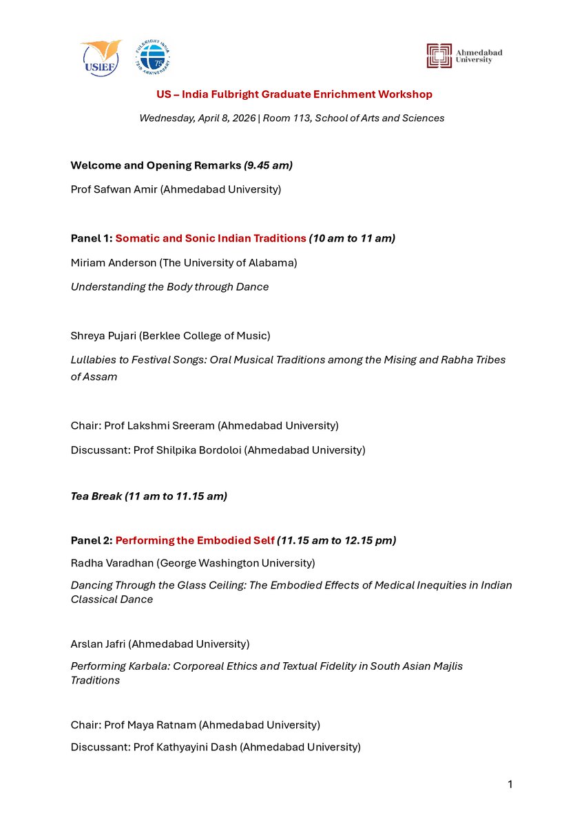 ahmedabad's tweet photo. We are delighted to organise a one-day Fulbright Graduate Enrichment Workshop on 8th April 2026. Students visiting India from the US will be presenting their research alongside our Interdisciplinary Humanities and Social Sciences PhD candidates. https://t.co/Fkr6FLXFbs