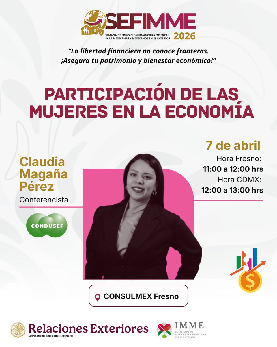 CondusefMX's tweet image. 🌎💜 ¡Acércate a tu consulado y participa en la conferencia “𝐏𝐚𝐫𝐭𝐢𝐜𝐢𝐩𝐚𝐜𝐢𝐨́𝐧 𝐝𝐞 𝐥𝐚𝐬 𝐦𝐮𝐣𝐞𝐫𝐞𝐬 𝐞𝐧 𝐥𝐚 𝐞𝐜𝐨𝐧𝐨𝐦𝐢́𝐚”!

Conoce cómo las mujeres mexicanas en el exterior impulsan el desarrollo económico.

🔗 Conéctate:
facebook.com/consulmexfresn…
