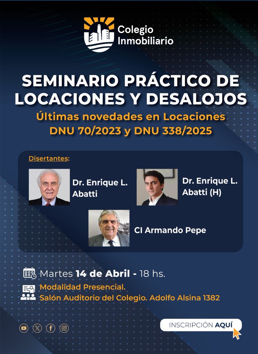 👉 El Colegio Inmobiliario te invita al seminario práctico de Locaciones y desalojos.

🗣️ Dr. Enrique L. Abatti - Dr. Enrique L. Abatti (H) - CI Armando Pepe

🗓 Martes 14/04 - 18hs

📍 Adolfo Alsina 1382

📲 Inscripción: eventbrite.com.ar/e/198690251992…