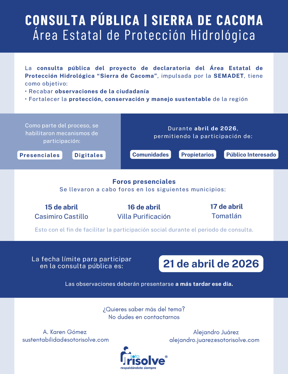 Sotorisolve's tweet photo. Consulta pública: Sierra de Cacoma 🌿

Participa en el proyecto de declaratoria como Área Estatal de Protección Hidrológica.

📅 Fecha límite: 21 de abril de 2026 https://t.co/OdDgbklp3W