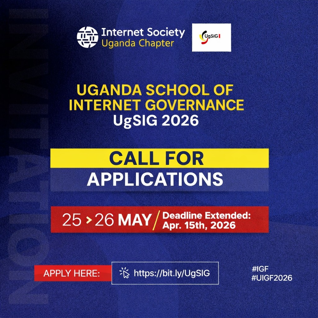 ISOCUg's tweet photo. 🚨 Deadline Extended!  
Apply for UgSIG 2026, Uganda’s leading program on Internet Governance, Digital Rights, AI &amp; Cybersecurity.

📅 May 25–26, 2026
⏰ Apply by Apr 15, 2026  
🔗 https://t.co/MFmdJ5nyHo

#UgSIG2026 #ISOCUg #DigitalPolicy #IGF #UIGF2026 https://t.co/CiOTwEiDRN