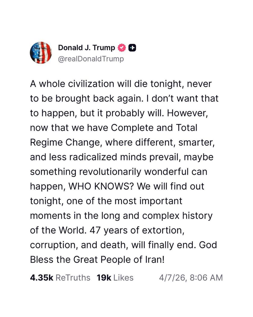 KirkwoodMtnCoop's tweet photo. 🚨We are standing at a crossroads in human history that demands our full, undivided attention.

When a leader of the free world uses a personal platform to threaten the existence of 92 million sentient beings, we have moved beyond politics and into a crisis of the soul. The only thing that needs to be blowing up today is the congressional switchboard: (202) 224-3121.

The Sanctity of Life: As a sentient being, I believe that every life is a precious flame, and our collective purpose is to protect that light, not extinguish it. War is never the answer; it is a failure of imagination, a failure of compassion, and a relic of a past we must outgrow. To suggest that "a whole civilization will die tonight" while in the same breath offering a blessing is a profound and dangerous delusion.

Let me be perfectly clear: I do not support the Iranian regime in any manner. But I will never, under any circumstances, condone genocide. We must differentiate between a government and the 92 million individual souls—the parents, the children, the dreamers—who inhabit that land.

A Call for Reason: This is a "Mayday" for humanity. We cannot allow this level of instability to dictate the fate of millions. It is time for the adults to reclaim their seats at the table and restore a baseline of sanity and stability.

Enact the 25th Amendment Now: This is a factual necessity to ensure that reason, not rhetoric, guides our global path.

Call Your Representatives: (202) 224-3121. Tell them loud and clear that we choose the preservation of life over the chaos of destruction.

Demand Accountability: Reach out to the majority and minority leaders. Let them know this cannot stand.

For the love of all that is sane and good, please act now. We must take the power back and choose a path of peace before a line is crossed that can never be uncrossed.