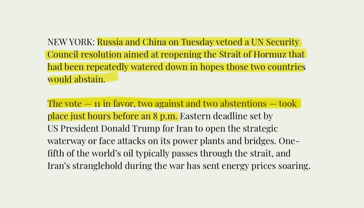 BullTheoryio's tweet photo. BREAKING: Russia and China just vetoed the UN resolution to authorize military force to reopen the Strait of Hormuz.

11 countries said yes, Russia and China said no. Two countries stopped the entire world from acting.

This is the same resolution that was already weakened three times just to get Russia and China to stay neutral. They blocked it anyway.

20% of global oil flows through that strait. China receives a third of all its oil through it. Russia benefits from oil prices staying high. Iran is already letting Chinese and Russian ships pass while blocking everyone else.

Washington now has two choices: 
- Act alone tonight without UN backing. 
- Or extend the deadline for the sixth time.
