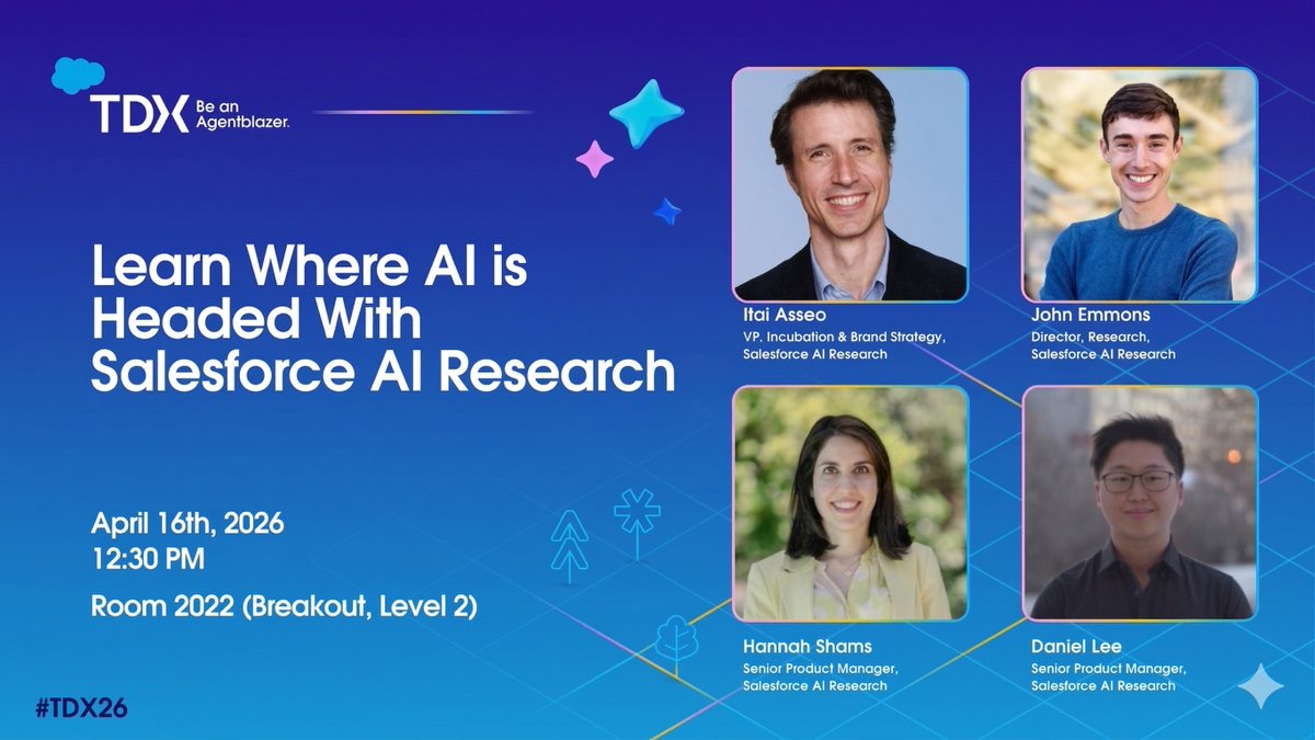 SFResearch's tweet image. Where is AI headed? Find out at #TDX26 sforce.co/4vddRWv

Explore how ambient intelligence and eVerse simulations are shaping the Agentic Enterprise.

Speakers: Itai Asseo @Digitai79, John Emmons, Hannah Shams, Daniel Lee @daniel_js_lee

#FutureOfAI #EnterpriseAI