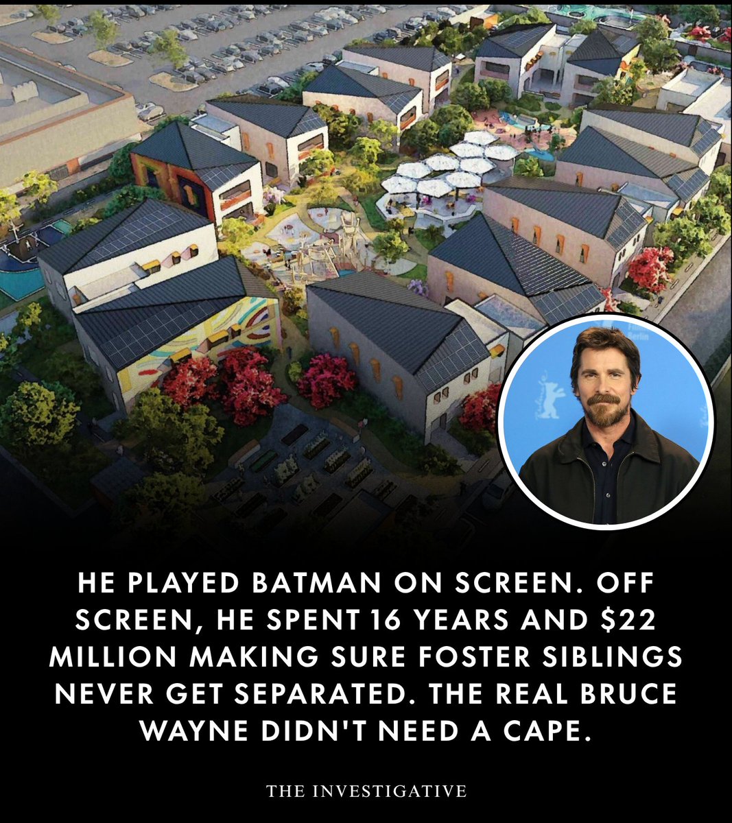 AnonymousNewsHQ's tweet image. Actor Christian Bale helped create Together California, a $22 million foster care village in Palmdale designed to keep siblings together, providing family-style homes, full-time caregivers, and supportive spaces.

#FosterCare #ChristianBale #TogetherCalifornia #fblifestyle