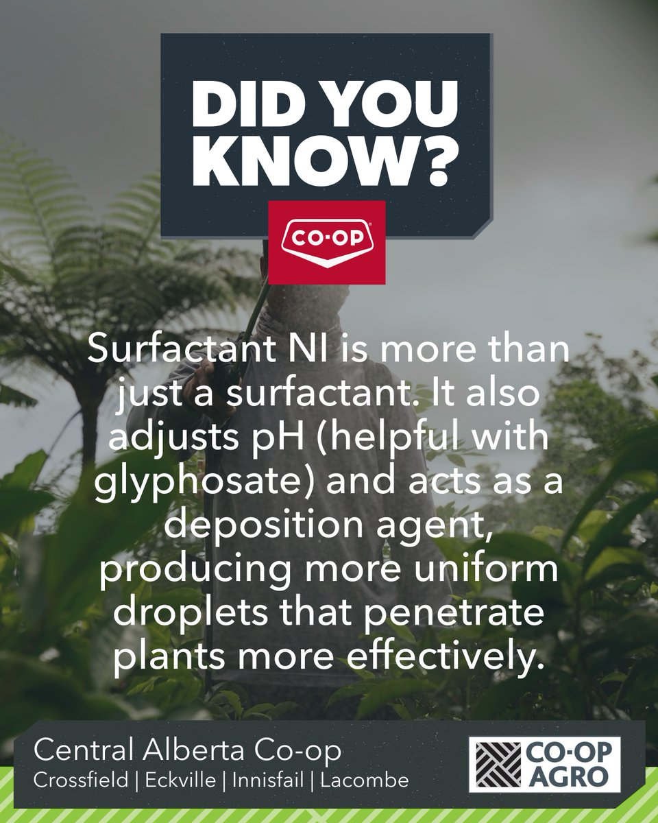 CACoopAgro's tweet image. Surfactant NI improves spray coverage and pH for better results. Follow us for more farm-friendly tips! ✅

 #AgroSolutions #SurfactantNI #CropCare #FarmersOfAlberta #CoopAgro