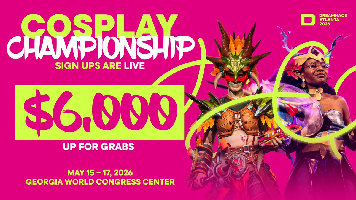DreamHack's tweet image. Cosplay takes over #DHAtlanta 🎭

Ready to bring your favorite character to life?
Compete for a share of $6,000 in prizing 💰

Accepted competitors receive a FREE 3-day badge and exclusive perks 🎟️

From first builds to veteran creations, this is your chance to shine on the
