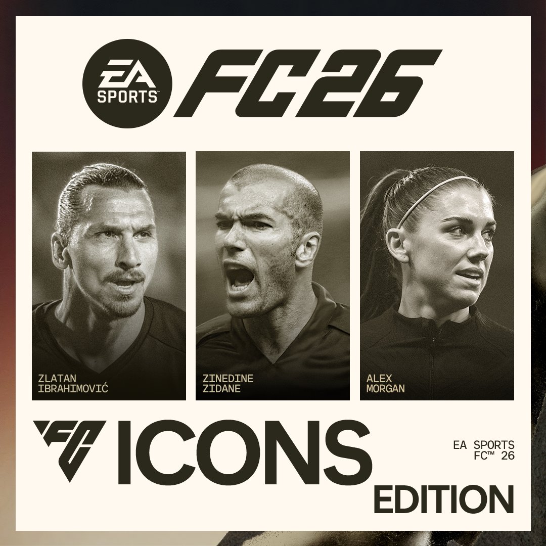 EASPORTSFC's tweet image. ICONs don’t follow the game. They define it.

Celebrate greatness with #FC26 ICONs Edition, including 3 untradeable legendary Player Picks in #FUT. Available now: x.ea.com/88851