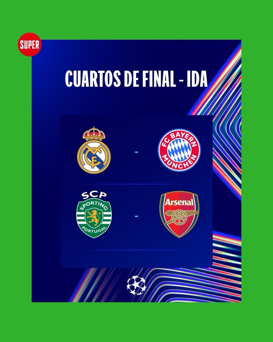 #Cancha | La #ChampionsLeague entra en su fase más emocionante con el inicio de los cuartos de final 🔥

Hoy juega Real Madrid🇪🇸 vs. Bayern Munich 🇩🇪 en el Santiago Bernabéu 🏟️, mientras que Arsenal 🏴󠁧󠁢󠁥󠁮󠁧󠁿 visita al Sporting CP 🇵🇹 en Lisboa. Ambos, a las 14:00. 

📺 ESPN