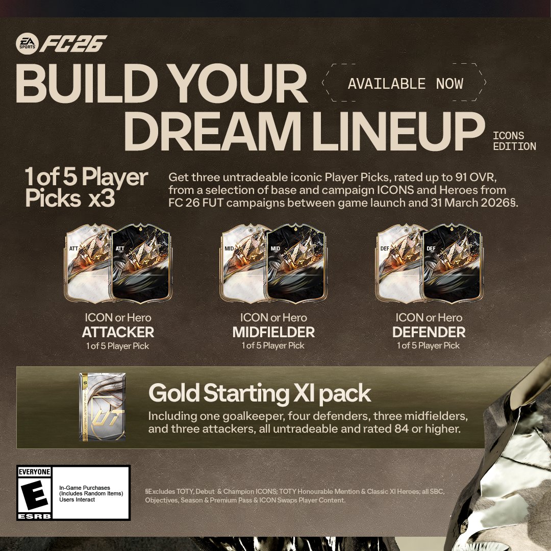 EASPORTSFC's tweet image. ICONs don’t follow the game. They define it.

Celebrate greatness with #FC26 ICONs Edition, including 3 untradeable legendary Player Picks in #FUT. Available now: x.ea.com/88851