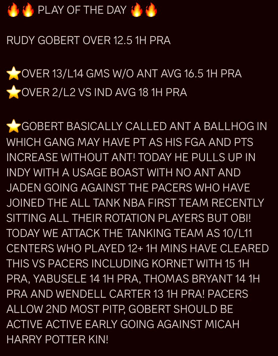 RACKEMSPORTS's tweet image. 🔥🔥 PLAY OF THE DAY 🔥🔥

RUDY GOBERT OVER 12.5 1H PRA

 #POTD #PLAYOFTHEDAY #PrizePicks #playerprops #DFS #pp #mlb #NFL #NFLPRIZEPICK #nfltwitter #nbatwitter #NBA #nbaplayoffs #NBAprizepick #WNBAPicks #nbaespn #wnba #NBACup #nbaprop #nbaplays #WNBATwitter #WNBAProps #wnbabets