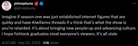 hvael_'s tweet image. Maybe its cope but Jet being open to the kick shit now could be a sign that we'll actually get shit like that in the future. Though it is odd to see the 180 since 2023. #fishtanklive