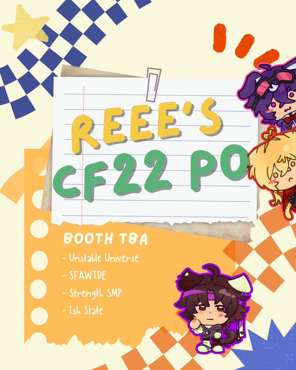 Cereeallz's tweet image. Reee's #CF22 PO Batch 1!
MCYT (Unstable Universe, Strength SMP, Ish State, SFAWTDE)
🗓️7-15 April
📎docs.google.com/forms/d/1sfqp5…
📌BOTH DAYS

rts are appreciated (⁠✿⁠^⁠‿⁠^⁠) #COMIFURO22 #CF22catalogue