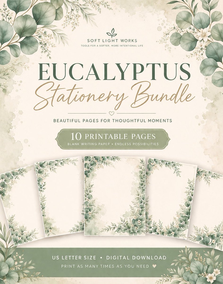 kb5jbv's tweet image. This week’s SoftLightWorks feature 🌿 Eucalyptus Printable Stationery Set is on SALE! 10 calming botanical pages for journaling, letters, self‑care + more. Instant download. Grab it while it’s discounted! 
softlightworks.store
#Eucalyptus #PrintableStationery #StationeryAddict