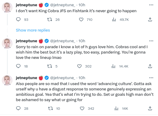 hvael_'s tweet image. Maybe its cope but Jet being open to the kick shit now could be a sign that we'll actually get shit like that in the future. Though it is odd to see the 180 since 2023. #fishtanklive