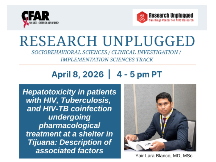 SDCFAR's tweet photo. Please join us on Wednesday, April 8, from 4-5 pm on Zoom for Research Unplugged!
Hepatotoxicity in patients with HIV, Tuberculosis, and HIV-TB coinfection undergoing pharmacological treatment at a shelter in Tijuana: Description of associated factors
https://t.co/VjSrRI4xQz https://t.co/tk9GLvJv0p