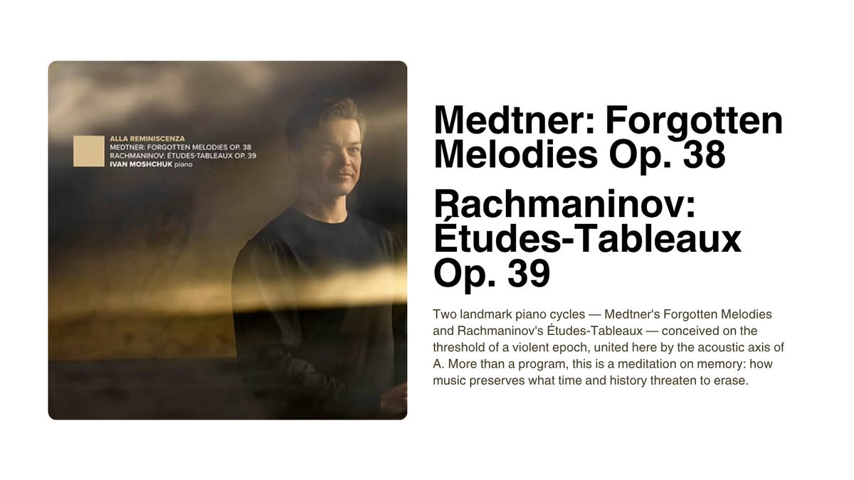 pureaudiostream's tweet image. Ivan Moshchuk's solo debut,Alla Reminiscenza, is here. Medtner, Rachmaninov, and the music that outlasts the world that made it. Streaming now on Pure Audio Streaming in AURO-3D, Binaural, and 7.1.4 bit.ly/3HnEQe5.

#immersiveaudio #HiResAudio #hires #hifi #hifiaudio