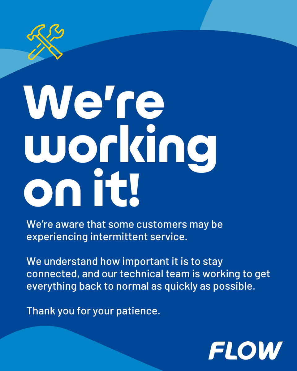 Flow_BVI's tweet photo. We’re aware that some customers may be experiencing intermittent service. 
Our team is actively working to get everything back to normal as quickly as possible.

Thank you for your patience. https://t.co/wXoflAi1RM