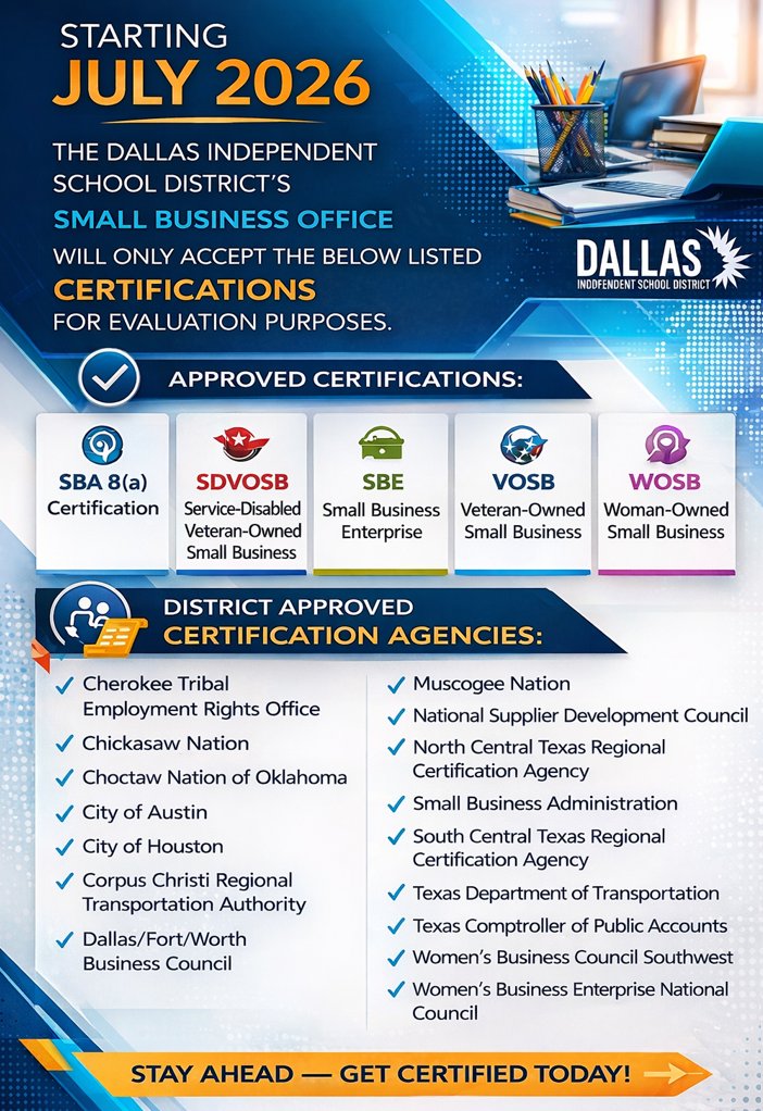 DALLASISDSBO's tweet photo. Join Dallas ISD’s webinar, “SBE Certification: Requirements, Process, and Benefits,” to learn how certification works and how it fits into the district’s procurement process. Register Today! https://t.co/7BGdpWLmPR https://t.co/ZcIRXKxykS
