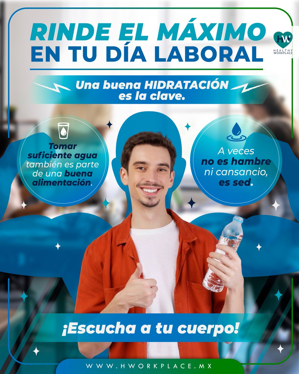 hworkplacemx's tweet photo. Recuerda que para rendir al máximo en tu jornada laboral, una buena hidratación es la clave. 💧💻💪

#hidratacion #agua #RindeAlMaximo #trabajo #trabajando #BienestarLaboral https://t.co/xuqy179Ttc