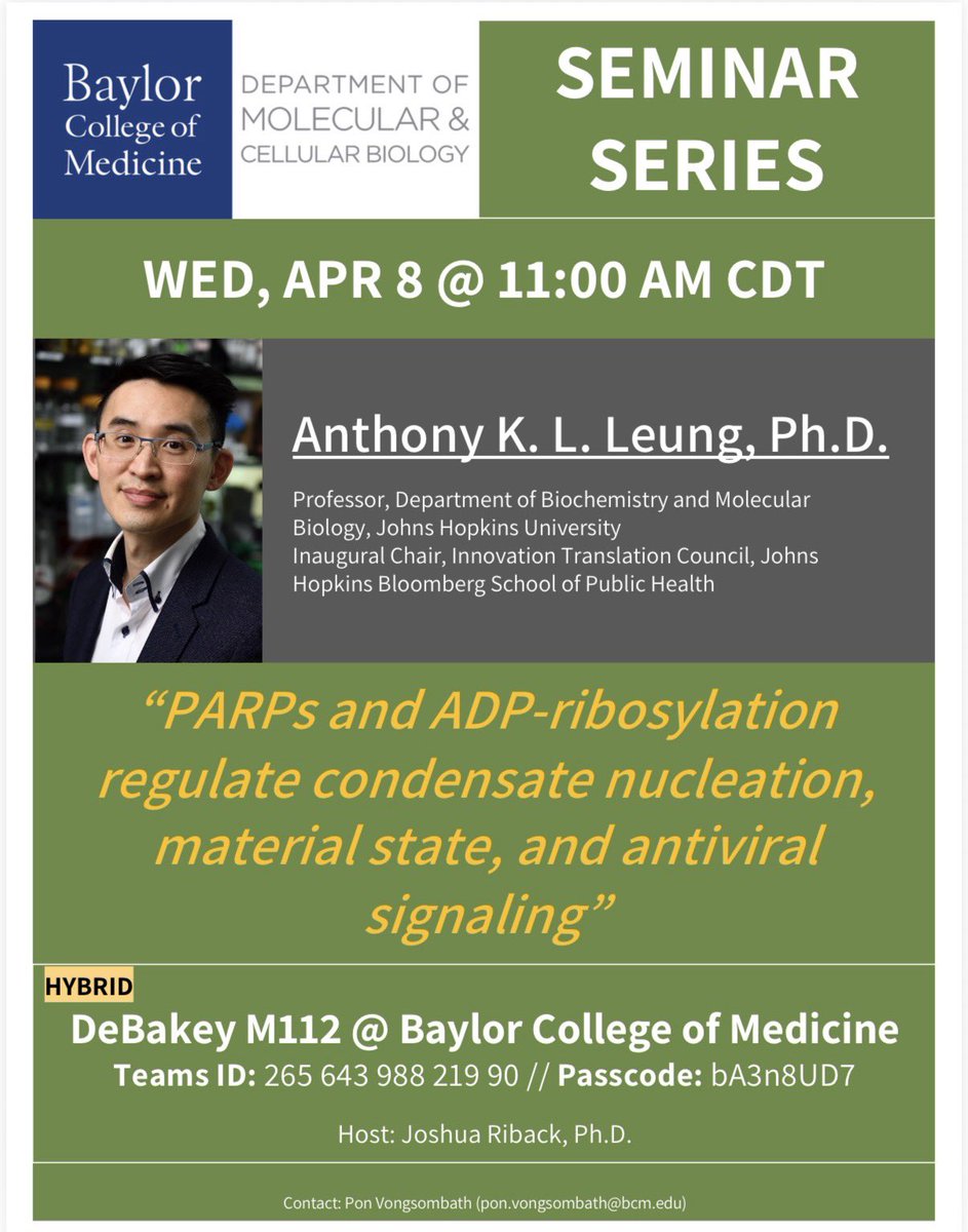 LeungLab's tweet photo. PARPs don’t just modify proteins — they shape how condensates form and behave.

I’ll be speaking at Baylor College of Medicine on ADP-ribosylation in condensates and antiviral signaling.

Wed Apr 8, 11am CDT (hybrid)

If you’re nearby, come by — always better in person. https://t.co/mt3BTFffZM