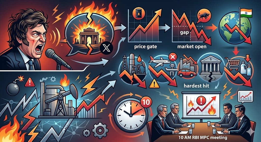 EquifizLtd's tweet photo. Trump's Iran post ("civilization will die tonight") spikes oil &amp; tensions ⚠️
Indian market may gap-down tomorrow.
Hardest hit: Oil Marketing, Aviation, Auto, Banks &amp; FMCG.
RBI MPC at 10 AM — watch inflation warnings!
#StockMarket #IranCrisis #volatality https://t.co/W5BXwowQdJ