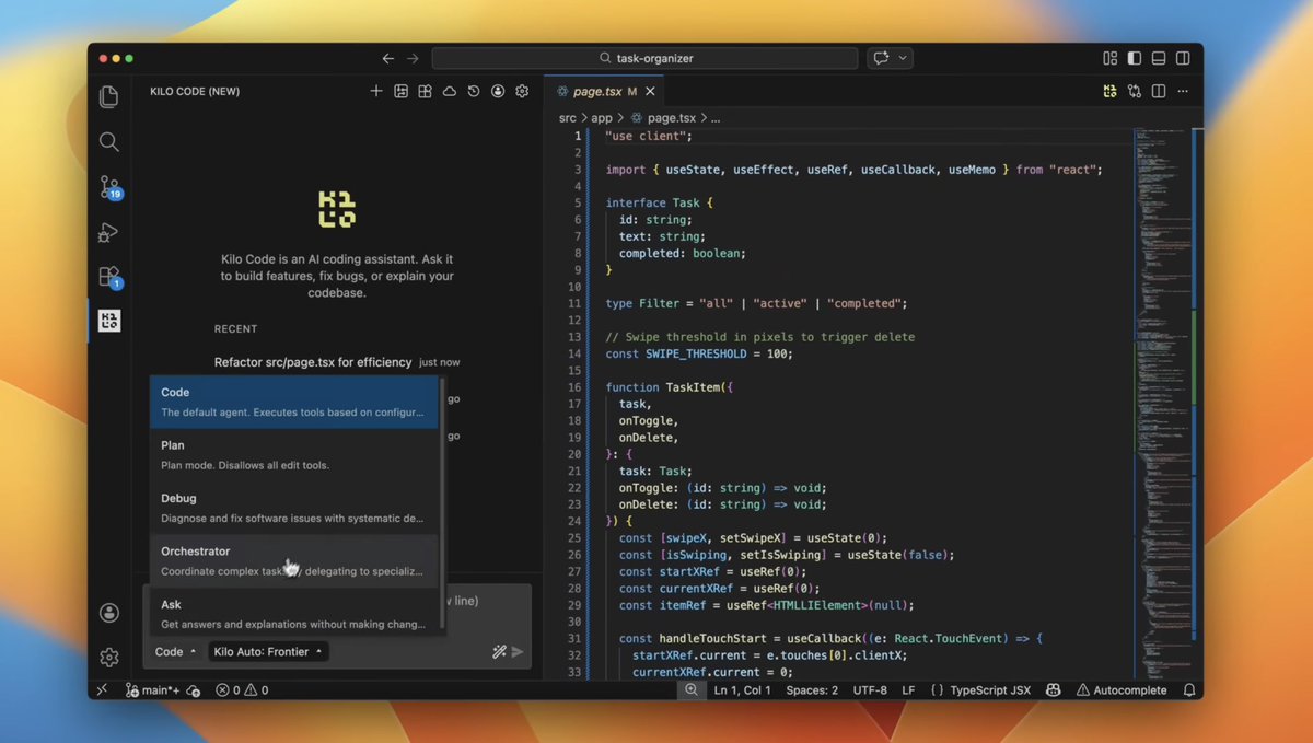 dr_cintas's tweet image. You can now run parallel AI agents directly inside VS Code 🤯

Kilo Code just rebuilt their VS code extension and it lets you run multiple AI agents at the same time with and native git worktrees and multi-model comparisons.

all running on a portable open-source core.