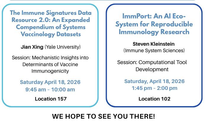hipcProject's tweet photo. #AAI2026: Besides our #HIPC Guest Symposium, we will have two presentations from members of our #ImmuneSpace team (@skleinstein & Jian Xing) on Saturday, April 18th! Hope to see you there at @ImmunologyAAI 🗨️💡🙂 https://t.co/nXamUeVdye