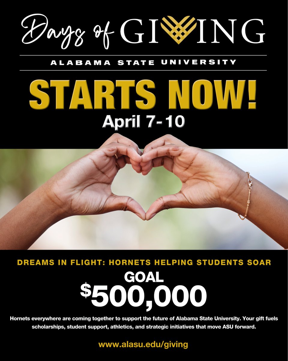 BamaState1867's tweet photo. Today is the day!!!

Days of Giving is here, and the time to show up for ASU is now. Every gift moves us closer to creating more opportunities for our students and strengthening the Hornet legacy.

Give now through April 10 at https://t.co/wqnJBT3NFz https://t.co/NmUMkptt3x