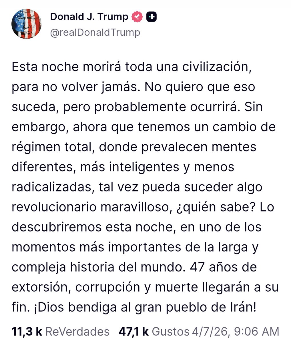 "A confesión de partes, relevo de pruebas", imagino que deben estar diciendo los jueces de la Corte Penal Internacional frente al genocidio que avisa cometerá Donald Trump en Irán hoy. Estamos en una época con seres desquiciados en el poder. Tiempos muy peligrosos.