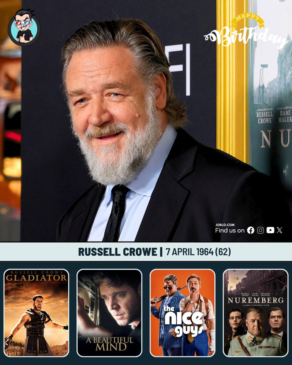 joblocom's tweet image. Russell Crowe turns 62 today! 🎂
 #RussellCrowe #Gladiator #ABeautifulMind #TheNiceGuys #Nuremberg
