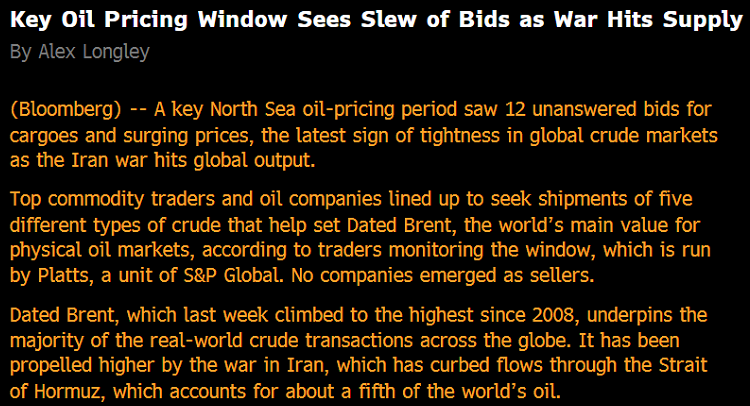‼️KEY NORTH SEA OIL-PRICING PERIOD SEES 12 BIDS, ZERO OFFERS⚠️

🚨A DOZEN BIDS AVERAGING OVER $144 for Brent Crude on the Spot Market received ZERO OFFERS⚠️

Paper oil price suppression by the US Dept of Treasury just collided HEAD ON with PHYSICAL OIL MARKET forces.   

🚨It