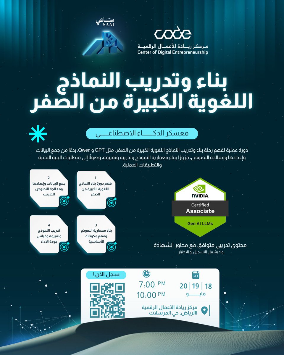 Sa4d_k1's tweet image. منصة ساعي التعليمية المتخصصة في الذكاء الاصطناعي، بالتعاون مع مركز ريادة الأعمال الرقمية (كود)، تعلن عن فتح التسجيل في معسكر:

بناء وتدريب نماذج الذكاء الاصطناعي اللغوية الكبيرة من الصفر

معسكر عملي يشرح رحلة بناء وتدريب نماذج مثل GPT وQwen من الصفر، من البيانات ومعالجة النصوص