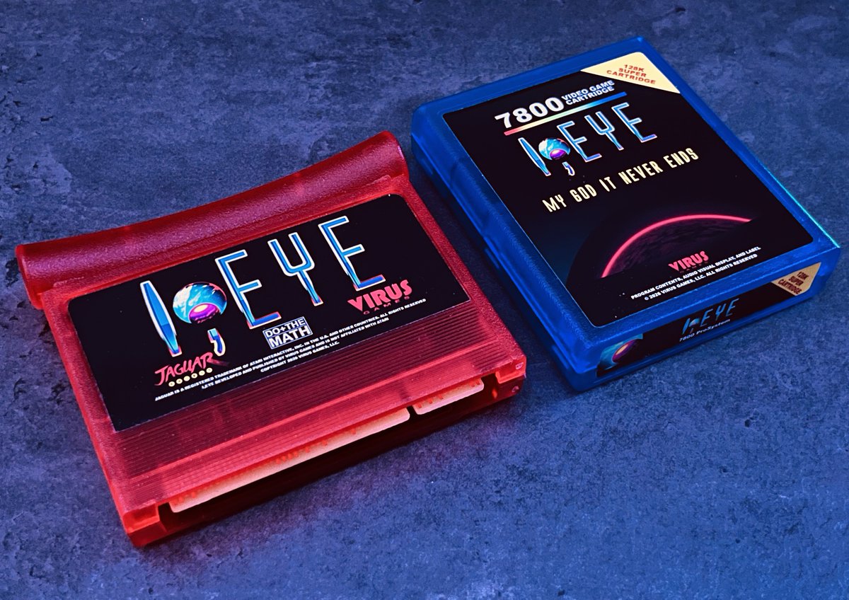 VirusGamesLLC's tweet photo. Proofs for our physical copies of I,EYE on the Atari Jaguar and Atari 7800 have arrived! 

How do they look??! 👀 https://t.co/0TGHOT4Lvf