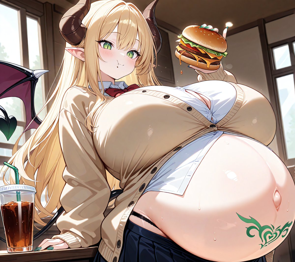 SanctaSofia's tweet photo. Being a succubus especially if they are carrying quite a few will have a quite the appetite and table would be bothersome with such a huge belly.

She might needs some more nourishment for herself and her young.

#ボテ腹 #AIイラスト https://t.co/KuQ6qnz8ek