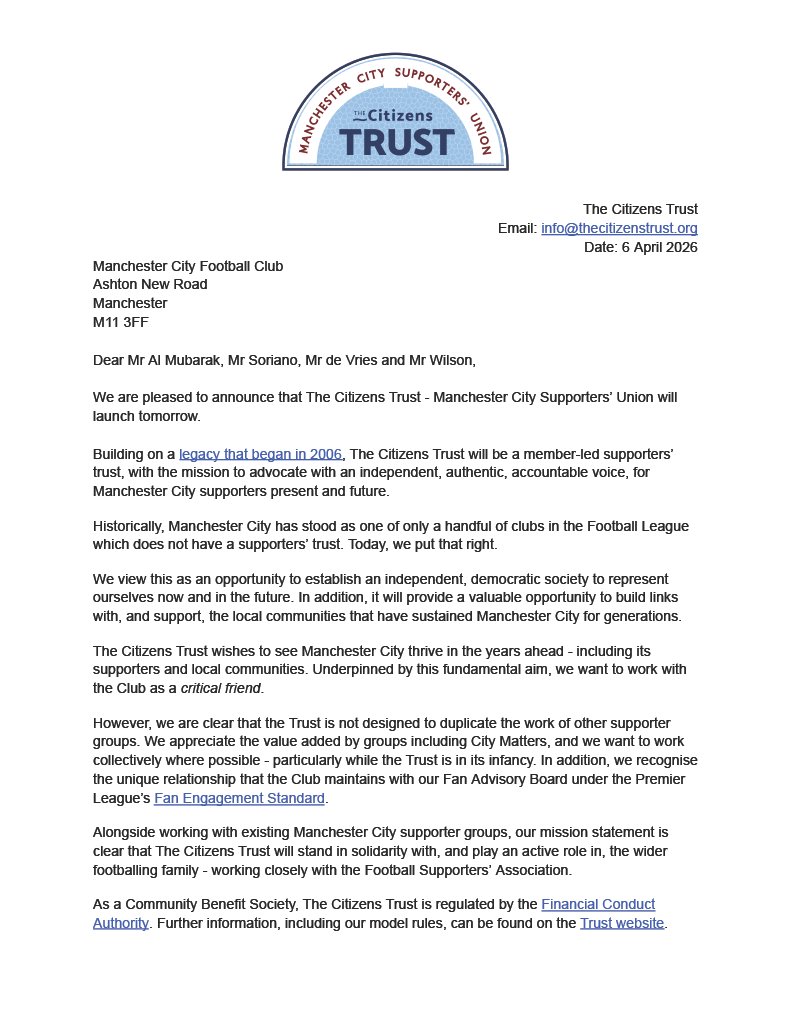 MCFCtrust's tweet photo. Last night, before the formal launch of The Citizens Trust, our Interim Board sent a letter to the Club.

We publish this in full transparency for our new members and the wider Manchester City fanbase.

Learn more and join us at https://t.co/Ey0RCPPCZ9 https://t.co/98QqtLQqq2