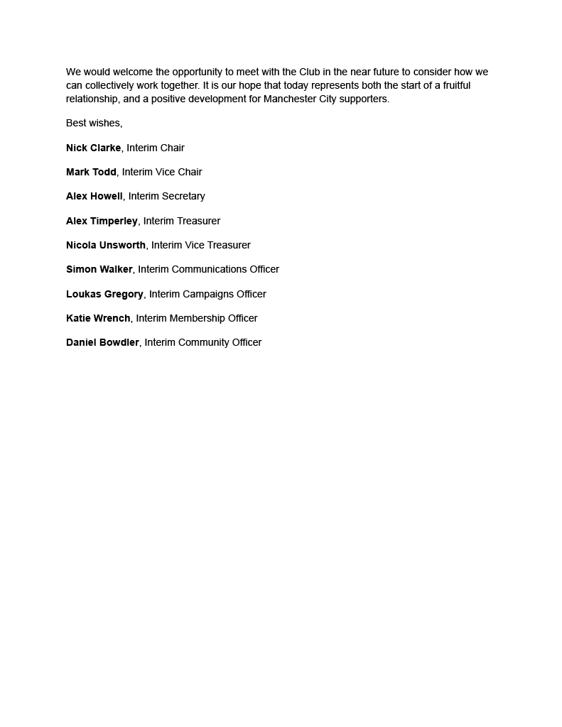 MCFCtrust's tweet photo. Last night, before the formal launch of The Citizens Trust, our Interim Board sent a letter to the Club.

We publish this in full transparency for our new members and the wider Manchester City fanbase.

Learn more and join us at https://t.co/Ey0RCPPCZ9 https://t.co/98QqtLQqq2