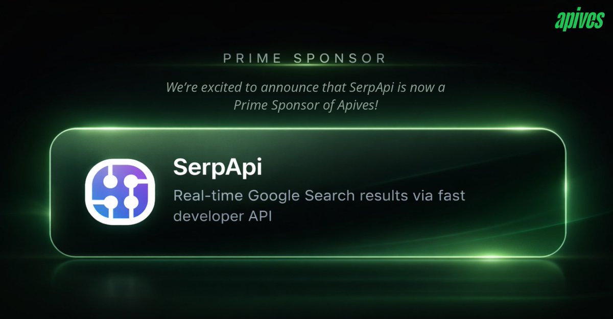useapives's tweet photo. We’re excited to announce that SerpApi is now a Prime Sponsor of Apives!

Real-time Google search data, now easier to discover for developers.

More power. More APIs. More building.

Thank you for your support @serpapi 🤝🚀

#APIs #Developers #BuildInPublic #SaaS #SerpApi #Apives https://t.co/JlAyHqqygT