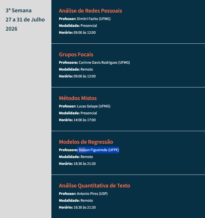 DalsonFigueired's tweet photo. Pessoal,

vejam quantos cursos bacanas.

Análise de redes...mto legal

Grupos focais --> para vc ficar rico/rica prestando consultorias

Métodos mistos --> pq um craque chuta com as duas pernas

Modelos de regressão --> pq regressão resolve quase tudo na vida

análise quantitativa de texto --> atualmente uma das técnicas com maior potencial pois temos mto material online

https://t.co/5L6lrieCb9