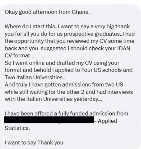 Scholarshipscaf's tweet image. From Ghana 🇬🇭 to the USA 🇺🇸 

Here is a testimonial from our Ghanaian brother who use the most sought after CV to secured fully funded Msc scholarship in Illinois. 

Congratulations 🎊 to you

#30DaysChallenge 
#TestimonialTuesday