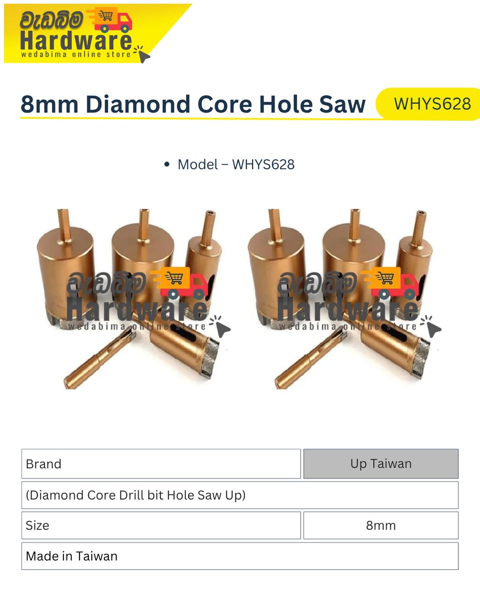 wedabimahardwar's tweet image. 8mm Diamond Core Hole Saw

Brand - Up Taiwan
Model - WHYS628
Price - Rs. 1,300.00

Buy Now 🌐  wedabimahardware.lk/hardware-item/…

#CoreDrillBit #DrillingTools #ConstructionTools #TileDrilling #HardwareSriLanka #WorkshopTools #ToolKit #Wedabima #ToolDeals