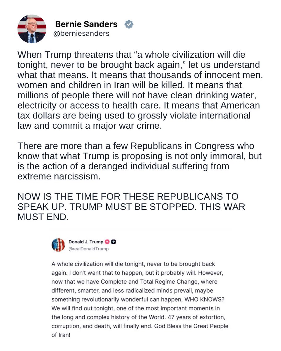 wafaabbaskhan72's tweet photo. .@BernieSanders ने ईरानियों के ख़िलाफ़ ट्रंप के युद्ध अपराधों और नरसंहार के बारे में बात की। #مزاحمت_سے_زنجیریں_ٹوٹیں_گی #Panamá #LaGranjaVIPPerú #EleccionesPerú2026 #نکلو_مولانا_کے_سنگ #brøndby #Perú #mjakmiłość #YIPIO_AL_9009 #ibrahimtatlıses https://t.co/kXggkUdfyV
