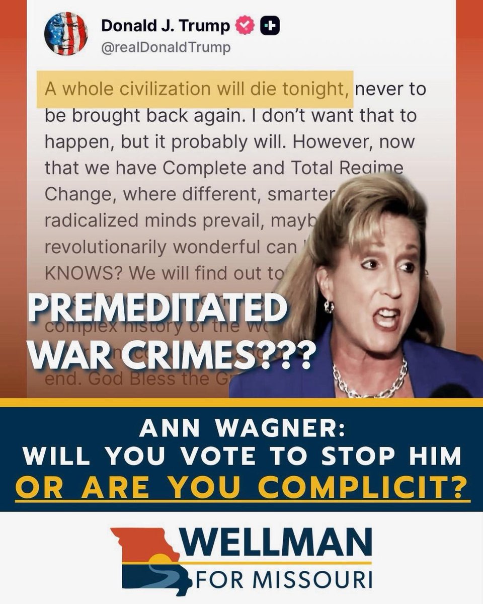 WellmanForMO's tweet image. Ann Wagner is supposed to be the adult in room on the Intelligence Committee and she has refused to stand up and do her job to protect our interests. 

🚨 Call Ann &amp;amp; demand she do her job and stand up for Missouri to stop this insanity: 

(202) 225-1621

#mo02 #IranWar‌ #Epstein