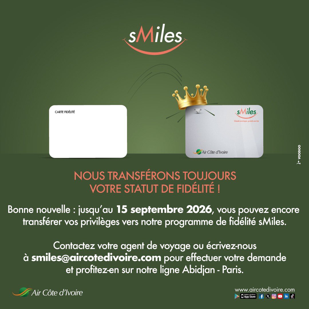 AirCI_Officiel's tweet image. Intégrez le programme sMiles tout en conservant vos avantages habituels sur notre ligne Abidjan-Paris ! 

Faites votre demande dès maintenant auprès de votre agent de voyage ou à l’adresse
smiles@aircotedivoire.com

#aircôtedivoire #sMiles