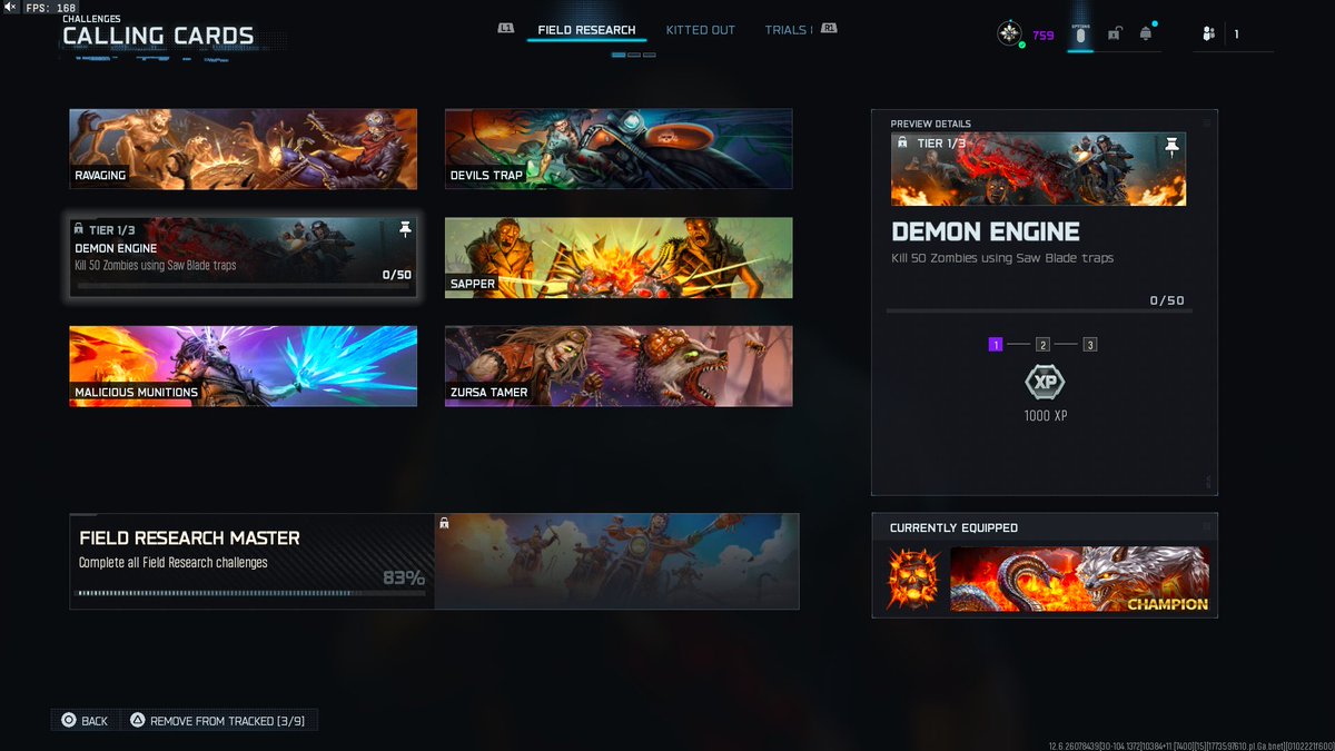 users4n's tweet image. One of the base Zombies Calling Card challenges under Hardened &amp;gt; Field Research challenges "Demon Engine" (Kill Zombies with Saw Blade Traps) is not tracking Saw Blade Trap kills progress in Season 3 or even prior. 

Please help!

@CallofDutyCM @TreyarchCM @Treyarch @CallofDuty