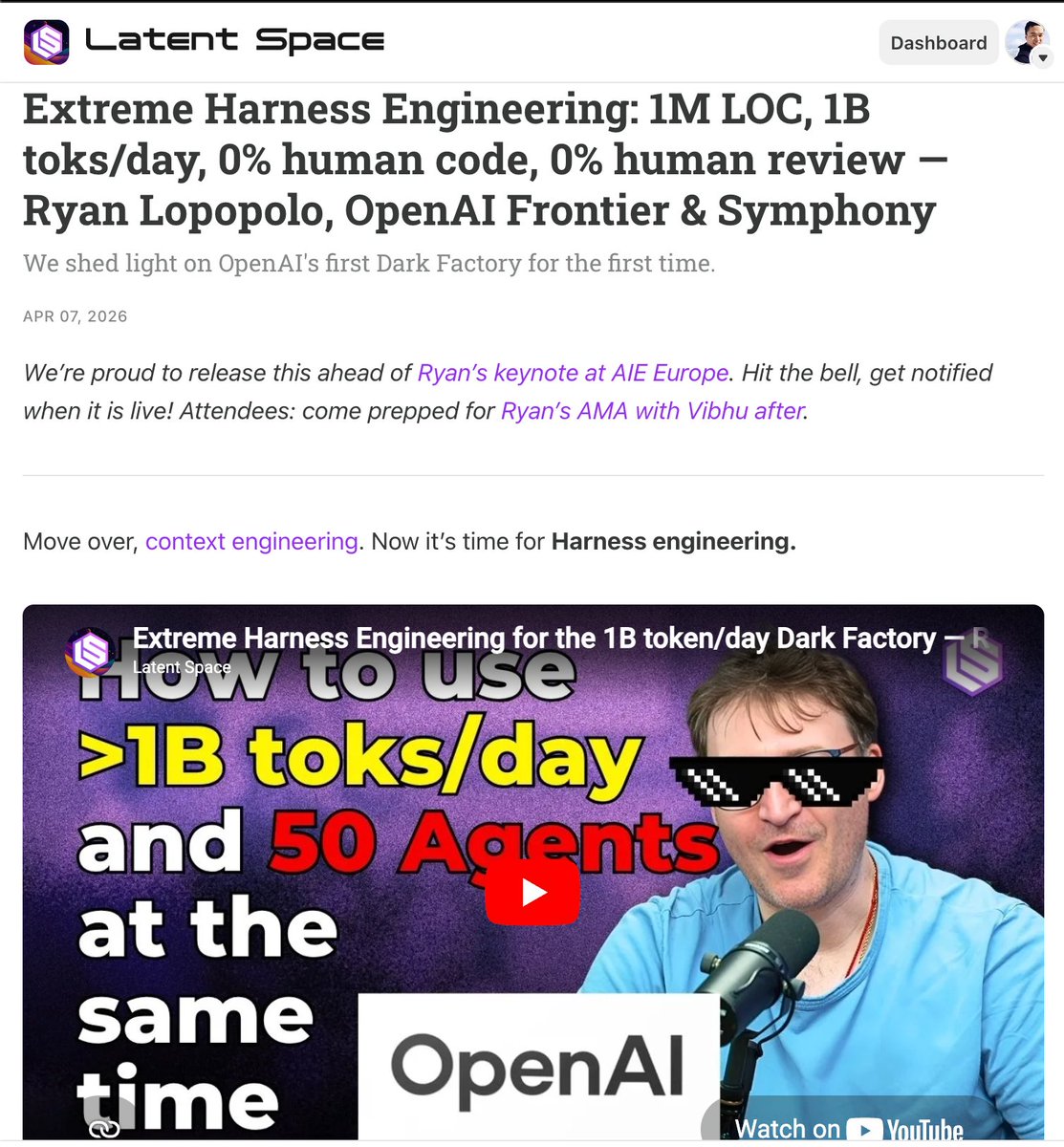 Latent Space Harness Engineering article